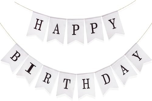 G2PLUS Happy Birthday Girlande Weiß Schwarz, Leinen Geburtstag Wimpelkette Wiederverwendbar, Stoff Wimpelkette für Party Dekoration