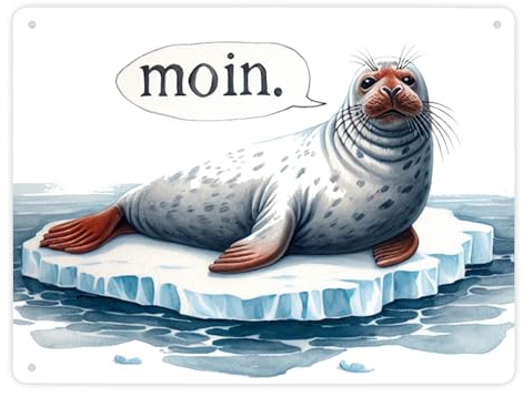 Robbe auf Eisscholle Metallschild XL in 21x28 cm mit Spruch Moin Tier in der Kälte der Antarktis Dick liegt der Meeressäuger auf Eis Maritim
