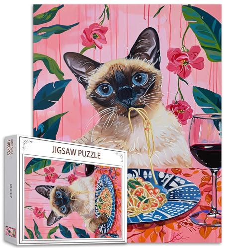 Cute Cat Dining Pictures Jigsaw Puzzles für Erwachsene,1000 Teile,Tier Essen Leckere Nudeln Trinken Rotwein Puzzle,Geburtstagsgeschenke,Multicolor DIY Puzzles für Dekoration,Perfekte Spieleabende