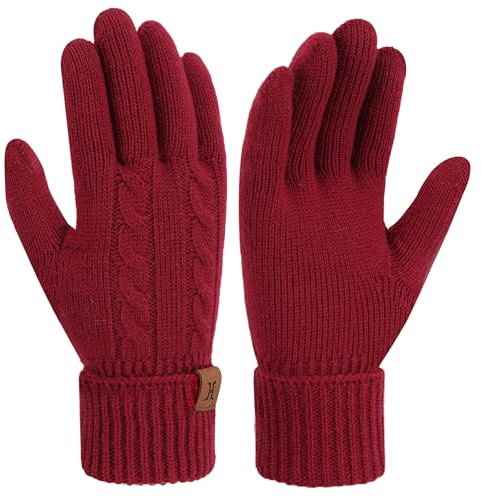 Bequemer Laden Thermo Touchscreen Handschuhe Damen Winter Warm Zopfmuster Winterhandschuhe Strickhandschuhe Fingerhandschuhe mit Elastisch Manschette Frauen Geschenk, Rot