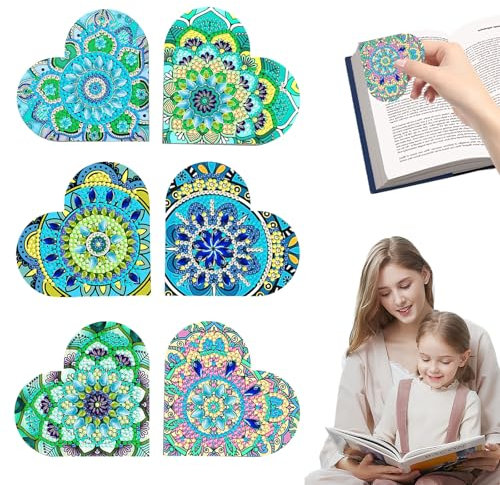 milaosk 6 Stück Diamond Painting Lesezeichen Set,Diamond Painting Herzform Klebrig Diamant Ecke Lesezeichen für Erwachsene und Kinder Kristall Rund Diamant Mandala Handgefertigtes Eck-Lesezeichen