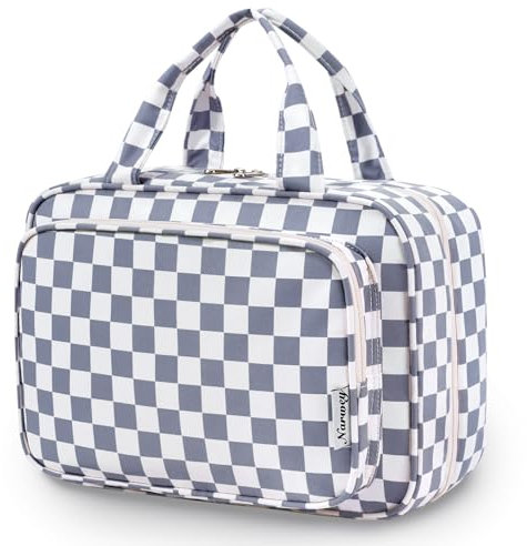 Narwey Kulturbeutel Damen Kulturtasche zum Aufhängen Waschtasche Kosmetiktasche Groß Waschbeutel Kosmetik-Organizer für Damen Mädchen(Graublaues Schachbrett(Groß))