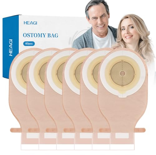Heagimed Stoma Bags, 60PCS One-Piece Drainable, Hook & Loop, 15–60mm | 60 Value Pack, Hook & Loop Quick Drain, Multi-Layer Leak Barrier, Cut-to-Fit, Medical Hydrocolloid, Ileostomy Care