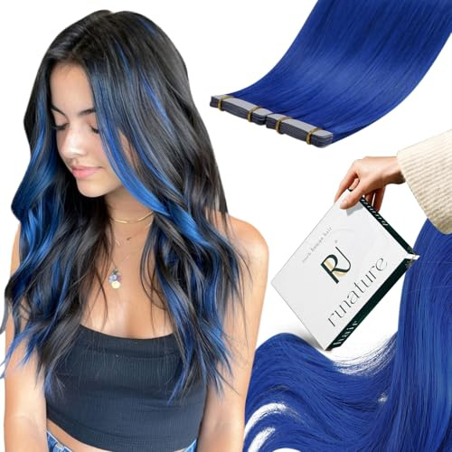 RUNATURE Echthaar Extensions Tape Blau 35cm 10pcs 20g #Blue | Echthaar Tape Extensions Blau,Hitzebeständig,Wiederverwendbar Nahtlos Integriert,Seidig Glatt,Verhedderfrei