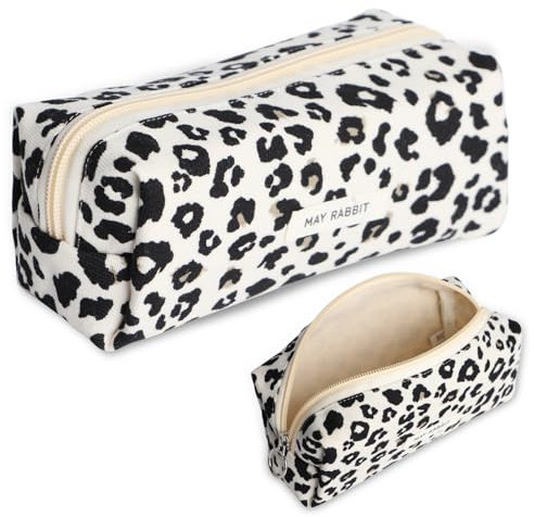 ICKEYOU Pencil Case Corduroy Fabric Girls Teenager Pencil Case Pencil Case Stationery Organiser Bag Large Storage Capacity Pencil Case for School Office, White Leopard Print, Pencil case