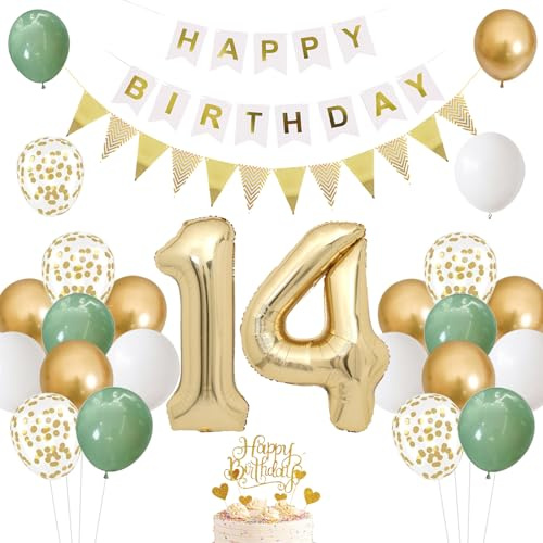Luftballons 14.Geburtstag Grün Gold,Geburtstagsdeko 14 jahr für Jungen Mädchen,Deko 14 Geburtstag Salbeigrüne,Ballon 14 Deko Tortendeko Geburtstag Banner für Mädchen Jungen