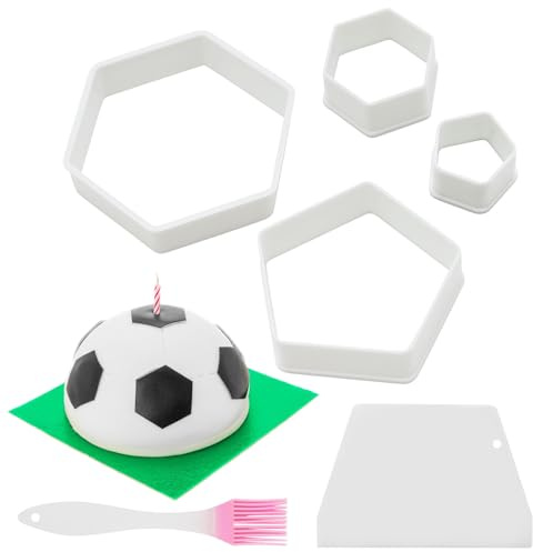 4 Stücke Fußball Muster Keks Ausstecher Fußball Ausstechformen Fußball Fondant Kunststoff Schneider für DIY Handwerk Fondant Kuchen Dessert, mit 1 Ölpinsel und 1 Schaber