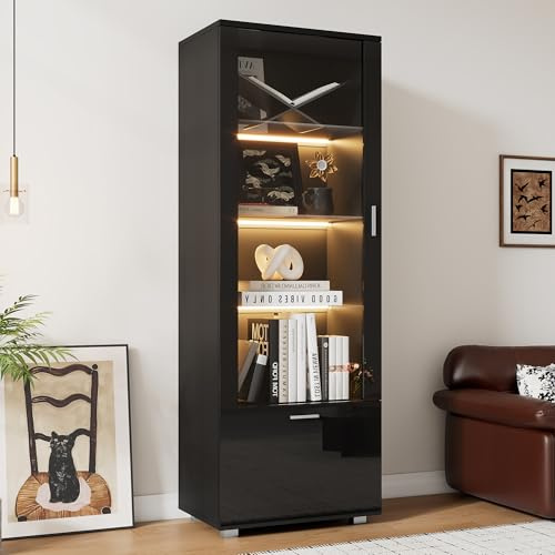 boorbin Schwarze Hochglanzvitrinen mit Glastüren, LED-beleuchtete Glasvitrinen, Vitrinen für Sammlerstücke, Parfümschränke, Bücherregale und Glasvitrinen (3 Fachböden) (1, Schwarz)