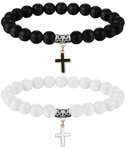 Pärchen Armband, 2-teiliges schwarzes weißes Kreuz Stein Perlen Armband für Mädchen Jungen Teen