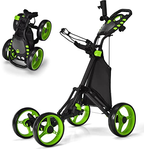 COSTWAY Golf Trolley, 4 Rad Golftrolley, Golfwagen klappbar, Golfcaddy aus Aluminum, Golfcaddy mit Schirmhalter, T-Stückhalterung und Aufbewahrungstasche (Grün)