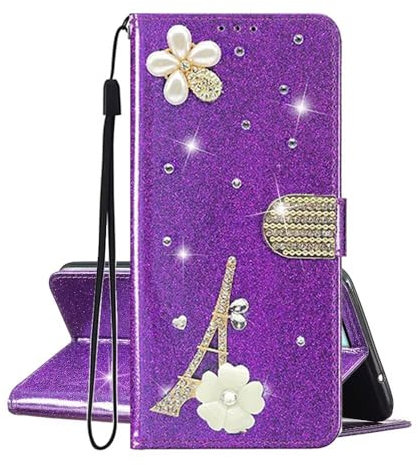 SEHEYA Coque Compatible avec Motorola Moto E15 Glitter Étui à Rabat Cuir PU Portefeuille Paillettes Diamants Paris Tour Eiffel Fleur Motif Housse Telephone Portable Femme Flip Case, Violet