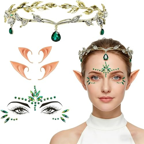 Karneval Waldfee Kostüm Damen,Elfen Kostüm Damen,Glitzer Gesicht,Glitzersteine Gesicht,2 Paar Elfenohren und Haarschmuck Blumenkranz Haare für Hochzeit,Karneval und Cosplay