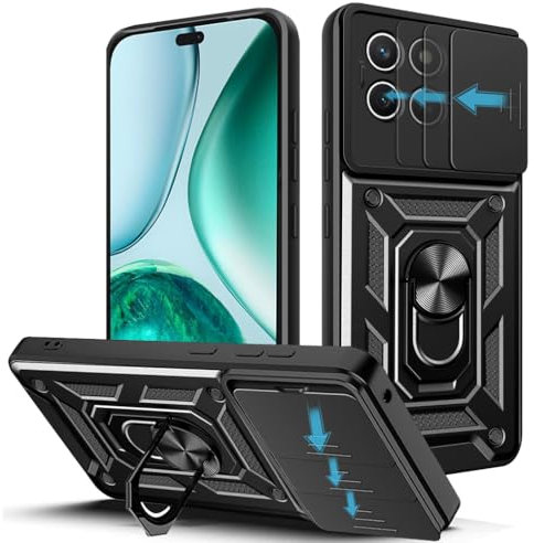 Loyhee Cover per Honor X8c 4G (6.7), Custodia con Scorrevole Fotocamera Proteggi Supporto di Anello Rotante Hard PC Back Cover e TPU Bumper AntiGraffio Antiurto Case - Nero