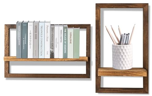 mumisuto Lot de 2 Étagères Murales en Bois, Design Moderne, Tablette Flottant, Étagère de Rangement Suspendue, Étagère Murale de Décoration pour Salon, Chambre, Salle de Bain (Marron Style 1)