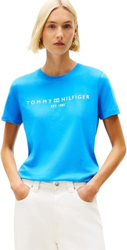 Tommy Hilfiger Damen T-Shirt Kurzarm Logo Rundhalsausschnitt, Blau (Mesmerizing Blue), L