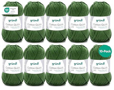 Gründl Laine Cotton Quick uni Fil à crocheter 10 pelotes 50 g, Mousse | laine fine pour crochet – fil à tricoter – fil à crocheter – brillante et douce pour la peau – 100 % coton – 50 g / 125 m