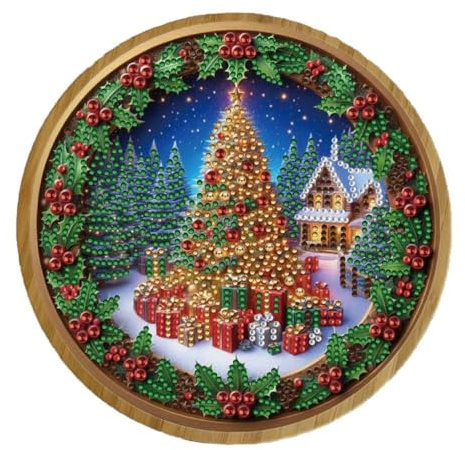ARTopet DIY Diamond Round Serving Tray Diamond Art Painting Creative Design Handmade Bamboo Tray Dinner Plate for Coffee Breakfast Home Organizer-Christmas Tree