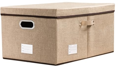 Prandom Storage Boxes with Lids Large,Collapsible Linen Fabric Storage Box,Decorative Bins,Really Useful Box,Clothing Storage,Stackable,58x40x30cm,Khaki[1-Pack]