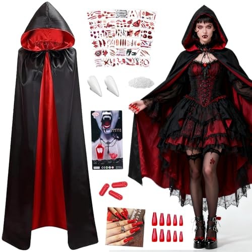 Halloween Vampir Kostüm,120cm Doppelt Umhang mit Kapuze Erwachsene,Vampirzähne,Kunstblut,Rote Nägel,Tattoo-Aufkleber, Halloween Umhang Vampir Rot Schwarz Cape mit Kaputze, Dracula Kostüm Beidseitig