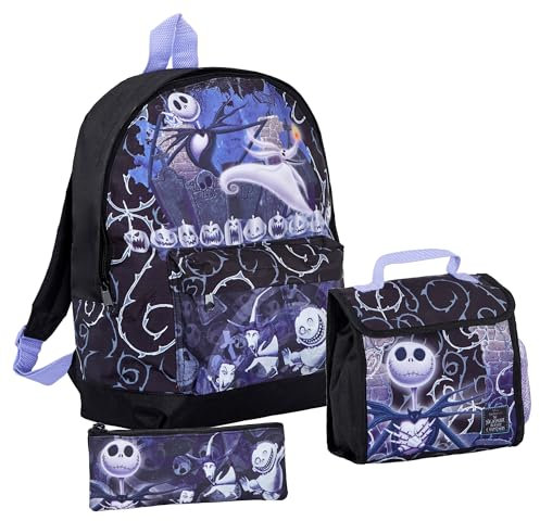 The Nightmare Before Christmas Backpack + Lunch Bag + Pencil Case Jack Skellington 3 Piece Bag Set for Kids and Adults