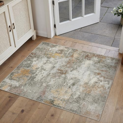 PureCozy FußMatte 60x90 cm Orange-Grau Abstraktes Teppich, Schlafzimmer Waschbare Kurzflor Boho Carpet,Langlebig und Pflegeleicht, Orientalisch Ethno Muster, Balkon Wintergarten Rug