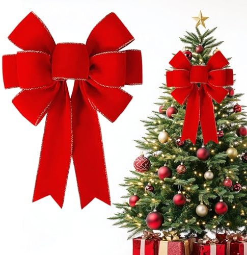 LUYANFX Lazos rojos para árbol de Navidad, lazo grande para árbol de Navidad, adornos navideños con copos brillantes, para paquetes de regalo, decoración del árbol de Navidad, decoración de Navidad (F