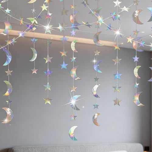 ?ZenyTra 4x4M Reflektor Girlande Sterne & Mond | 16M Länge Partydekoration mit Reflektierende Effekt | Für Kindergeburtstag, Hochzeit, Silvester, Karneval | Innen- und Außendeko