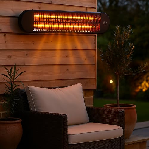 JSH Kindra Wall Mounted Patio Heater | 1000W/2000W Slim Outdoor Indoor Oscillating Radiating Garden Heating Lamp | WiFi Enabled or Remote Controlled Radiant Low Energy Garden Heater | 2KW