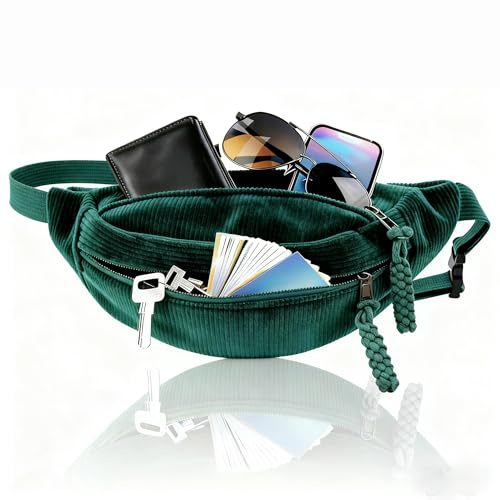 XRXYMQ Bauchtasche Damen Cord Grün 3 Fächer Umhängetasche | Umhängetasche aus Cord mit ausreichend Stauraum, leicht und praktisch, für Alltag, Reisen, Sport und Schule