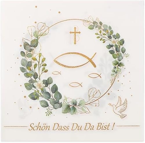 40 Stück Stücke Servietten Kommunion Taufe Deko Junge Mädchen Fisch Eukalyptus Grün Servietten mit Schön, Dass Du Da Bist Tischdeko Servietten Konfirmation Kommunion DekorationParty Deko