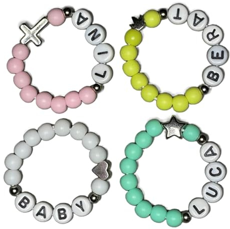 Perlentwins Baby Armband – personalisiert (max. 9 Buchstaben) | Acrylperlen in vielen Farben, Herz / Stern / Kreuz / Krone, Geschenk zur Geburt & Taufe