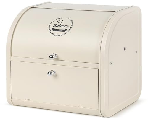 Nymblis Double Large Bread Bin, Roll Top Cream Bread Bin, 35 x 25 x 33 cm | Metal Storage Container for Kitchen, with Non-slip Rubber Feet, Stability and Durable, Keep Pastries and Loaves Fresh