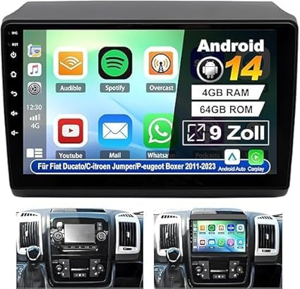 Autoradio 2 din 9 Pollici per Fiat Ducato/Peugeot Boxer/Citroen Jumper 2011-2023 Android 14 Navigatore Schermo Per Auto Carplay Wireless Android Auto Bluetooth stereo GPS WiFi FM RDS AHD SWC DSP 4+64G