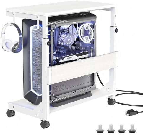 CNTSLNB Höhenverstellbarer PC Ständer mit Rollen, 2 Haken, 2-stufig | Computer Tower Ständer, Druckerständer mit Stauraum, ATX-Gehäuse bis 50kg, PC Rollwagen für Home Office, Weiß Groß