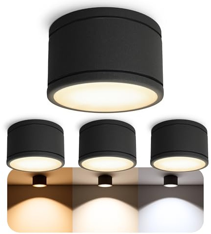 SSC-LUXon CELI-WX Aufbauleuchte 4er Set schwarz IP44 GX53 3 Lichtfarben | Vier dimmbare Bad-Aufbauleuchten schwarz matt IP44 - warm / neutral / kalt, inkl. GX53 LED 6W, für Bad, Flur & Außen