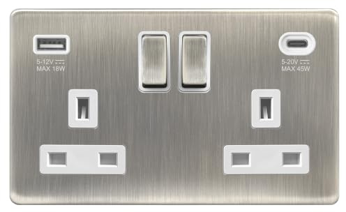 EVOGES Terra 2 Gang Switched Socket with USB-C 45W & USB-A Fast Charge – 13A Double Pole Wall Socket, Fits Standard UK Back Boxes (Brushed Chrome/White Insert)