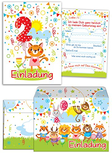 JuNa-Experten 12 Einladungskarten zum 2. Kindergeburtstag für Mädchen incl.12 Umschläge/Bunte Einladungen zum Geburtstag für Mädchen Süße Tierchen/Süße Katze (12 Karten + 12 Umschläge)