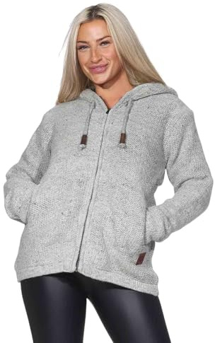Kunst und Magie Klassische Damen Strickjacke Wolle Jacke mit Fleecefutter und Kapuze