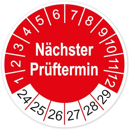 Prüfplaketten Feuerlöscher nächster Prüftermin 2024-2029 Prüfetikett Aufkleber Folie selbstklebend UVV 30mm rot R005 (100)