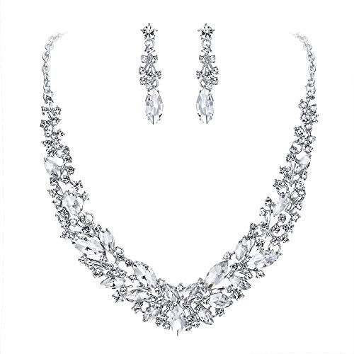 Clearine Damen Schmuckset Hochzeit Braut Österreichischen Kristall Marquise Cluster Kragen Halskette baumeln Ohrringe Set Klar Silber-Ton
