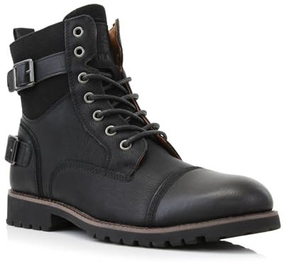 Polar Fox Herren Kampfstiefel-Kollektion im Militär-Stil, Herren-Stiefeletten mit Zehenkappe und Schnürung und seitlichem Reißverschluss, 1. schwarz, 44 EU
