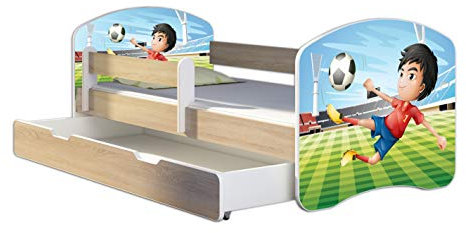 Kinderbett Jugendbett mit einer Schublade und Matratze Sonoma mit Rausfallschutz Lattenrost ACMA II 140x70 160x80 180x80 (13 Fußballer, 180x80 + Bettkasten)