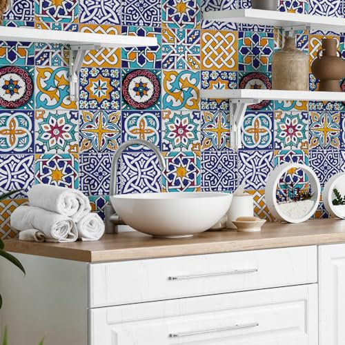 RE-COVERTILES - Adesivi per Piastrelle Bagno e Cucina 10 Pz 20x20 cm - PS00033 Decorazione murale in PVC impermeabile mattonelle mosaico stile cementine Azulejos