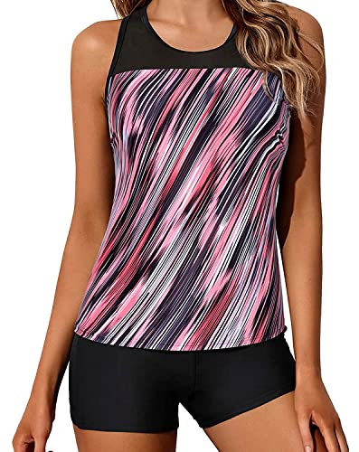 Yonique Tankini Costumi da bagno da donna con pantaloncini atletici due pezzi costumi da bagno Racerback Canotte Costumi da bagno, A righe rosa., M