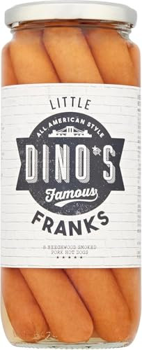 Dino's Famous All American Style Little Franks 8 Beechwood Smoked Pork (75%) Hot Dogs in a Juicy Brine 550 g Jar (Pack of 1)