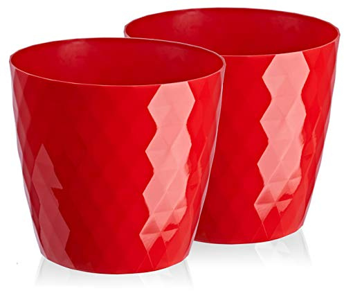 Lot de 2 pots à fleurs/plantes, légers, brillants et décoratifs, en plastique, forme ronde moderne, pour l’intérieur (16 cm, rouge)