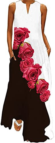 WINKEEY Femme Robe Longue Imprimé Floral Maxi Robe Bohème avec Poches sans Manches Grande Taille, Rouge Rose 2XL