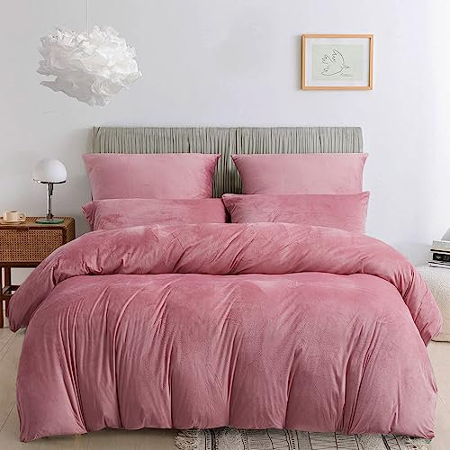 Damier Warme Winter Bettwäsche 200x200cm Rosa Altrosa Cashmere Touch Plüsch Bettwäsche Set 3 Teilig -1 Bettbezug 200 x 200 cm mit Reißverschluss und 2 x Kopfkissenbezug 80 x 80 cm