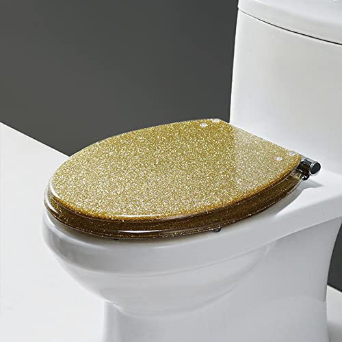 WC Sitz Mit Absenkautomatik, Toilettensitz Aus Kunstharz Glitzer Toilettendeckel, Klodeckel Mit Absenkautomatik Einfache Montage Deckel Klobrille, 36X42cm,Gold