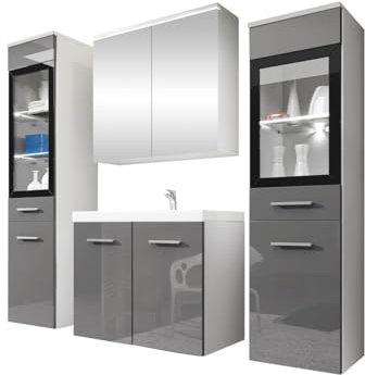 Mirjan24 Badmöbel Set Madrit II mit Waschbecken und Siphon, Komplettprogramme für Spiegelschrank, Waschtisch, Hochschrank (Weiß/Grau Hochglanz, mit weißer LED Beleuchtung)